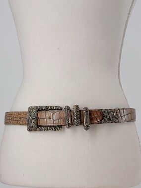 Street Ahead Vintage Croc Embossed Leather Belt Silver Statement Hardware L